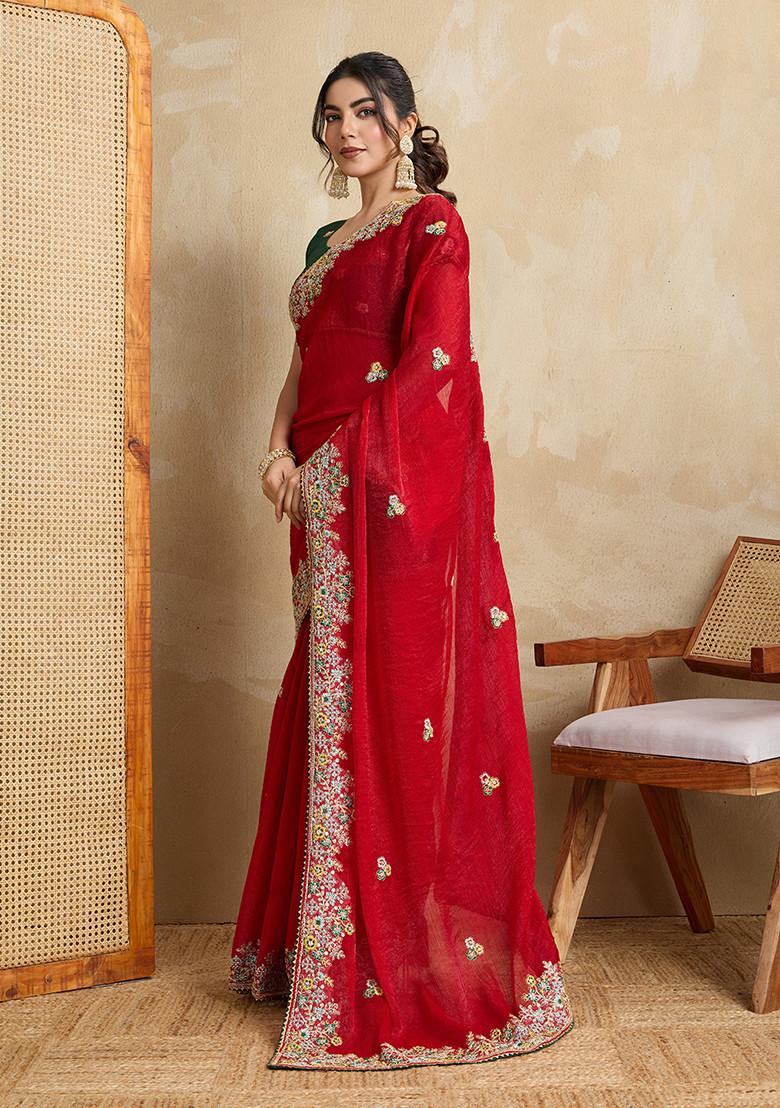 Red Embroidered Chiffon Saree Set