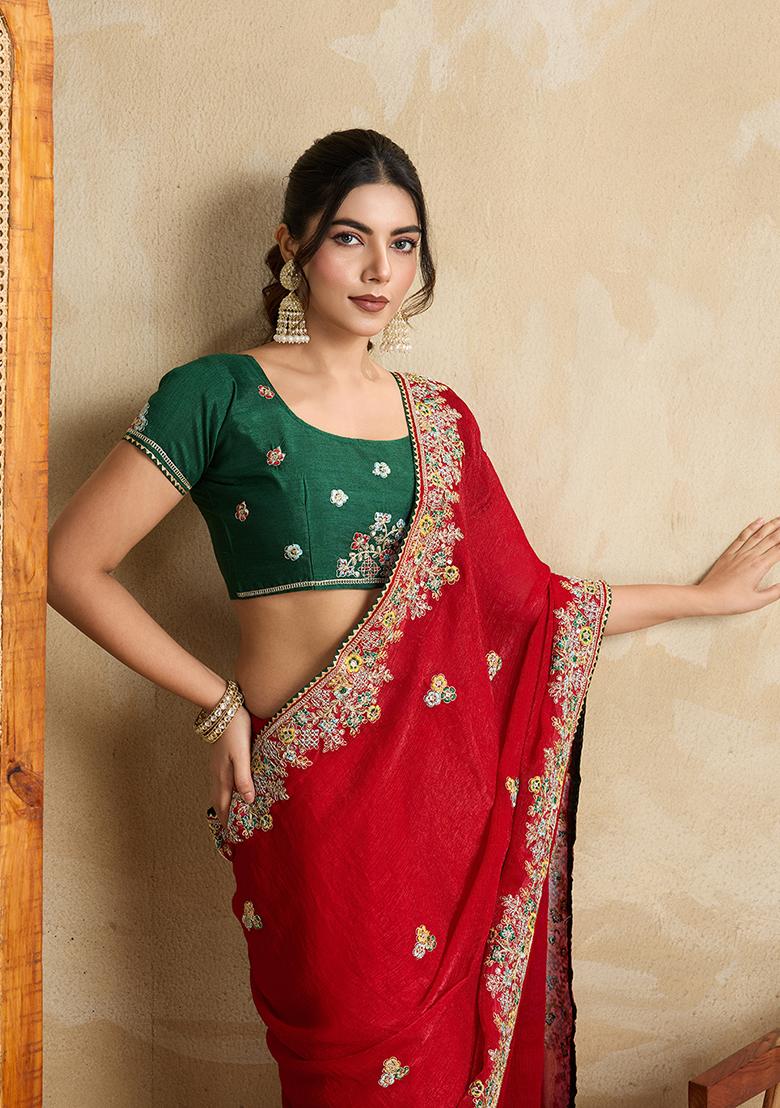 Red Embroidered Chiffon Saree Set