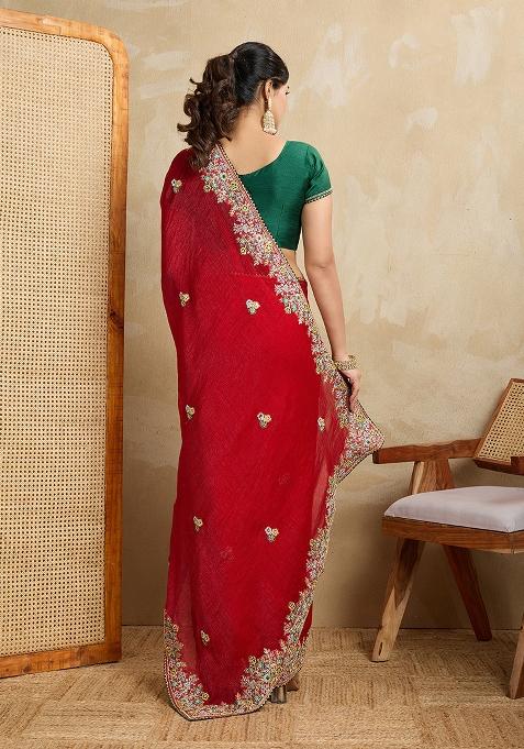 Red Embroidered Chiffon Saree Set