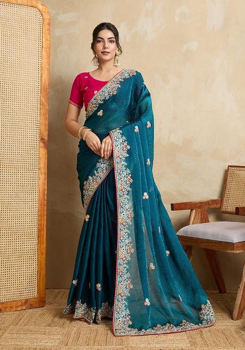 Teal Blue Embroidered Chiffon Saree Set