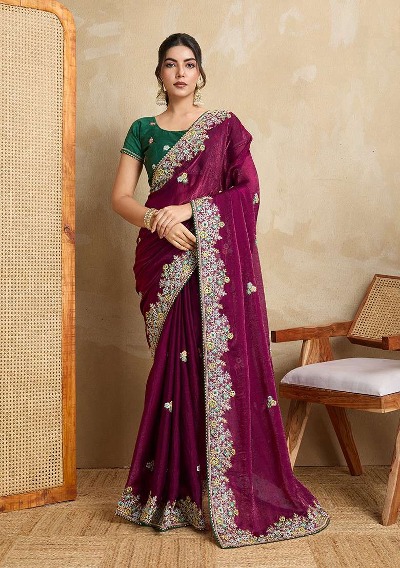 Purple Embroidered Chiffon Saree Set for Diwali and Festive Wear - Indya