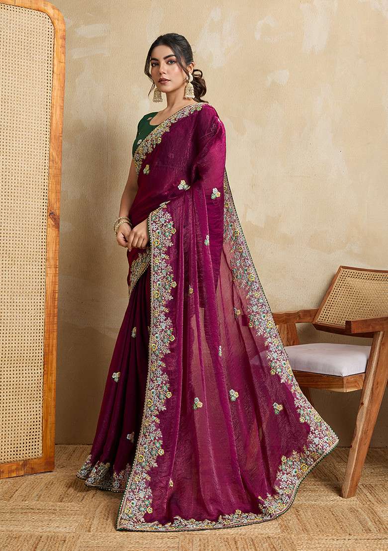 Purple Embroidered Chiffon Saree Set for Diwali and Festive Wear - Indya