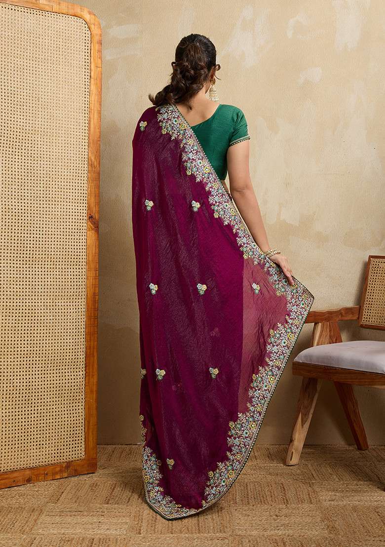 Purple Embroidered Chiffon Saree Set for Diwali and Festive Wear - Indya