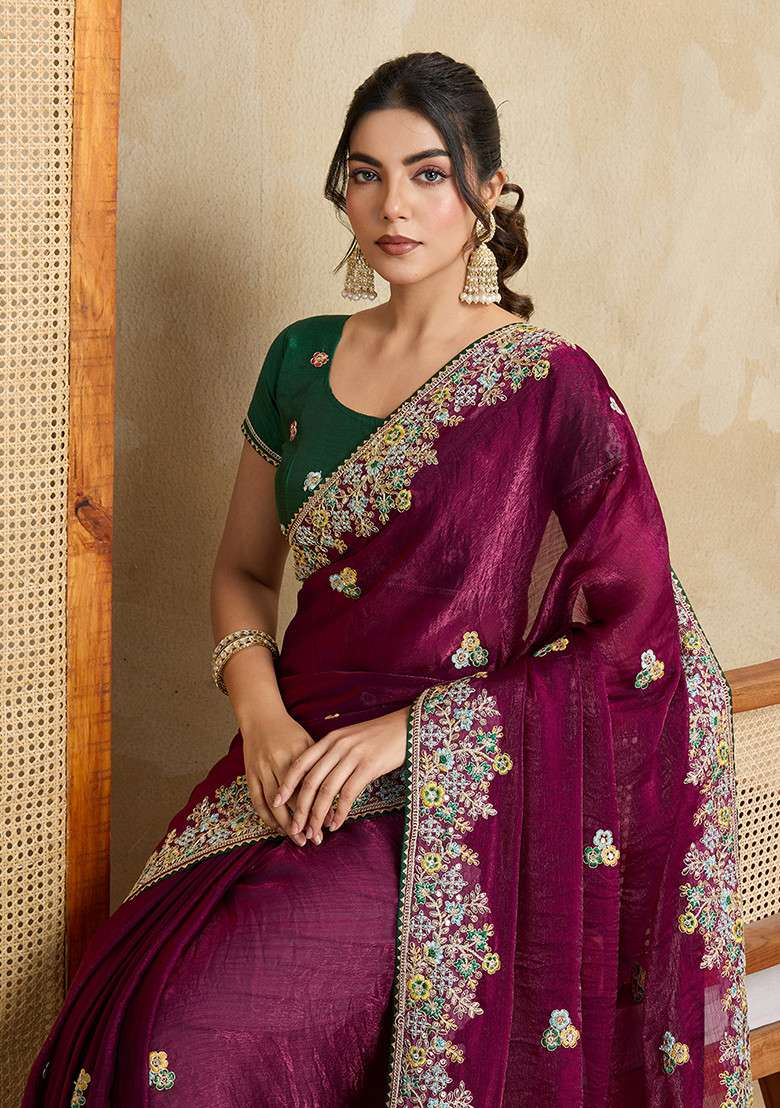 Purple Embroidered Chiffon Saree Set for Diwali and Festive Wear - Indya