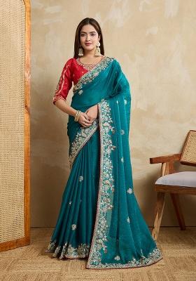 Teal Blue Embroidered Chiffon Saree Set