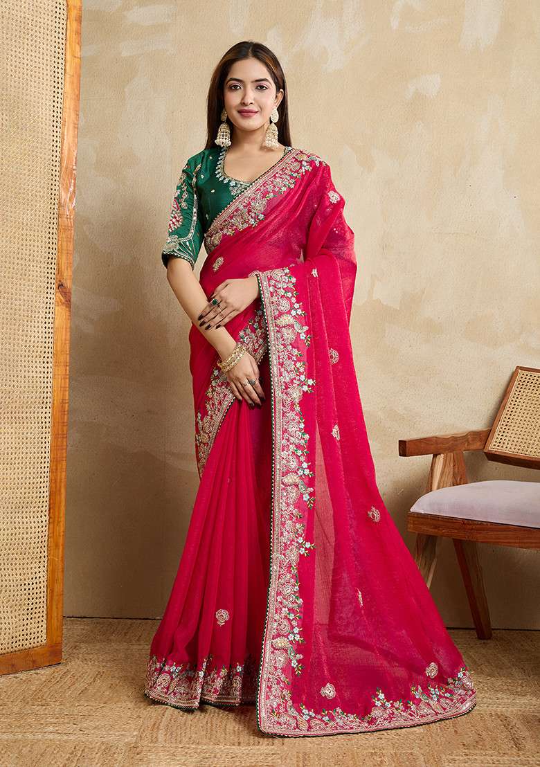 Pink Chiffon Saree Set with Embroidered for Diwali | Wedding & Festive Wear - Indya