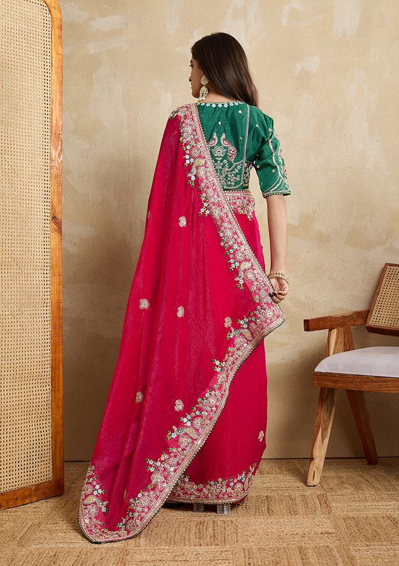 Pink Chiffon Saree Set with Embroidered for Diwali | Wedding & Festive Wear - Indya