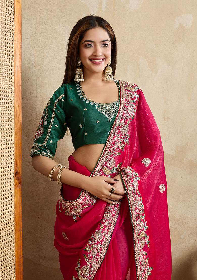 Pink Chiffon Saree Set with Embroidered for Diwali | Wedding & Festive Wear - Indya