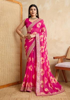 Pink Embroidered Faux Georgette Saree Set