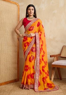 Yellow Embroidered Faux Georgette Saree Set