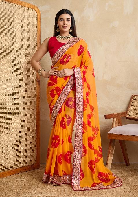 Yellow Embroidered Faux Georgette Saree Set