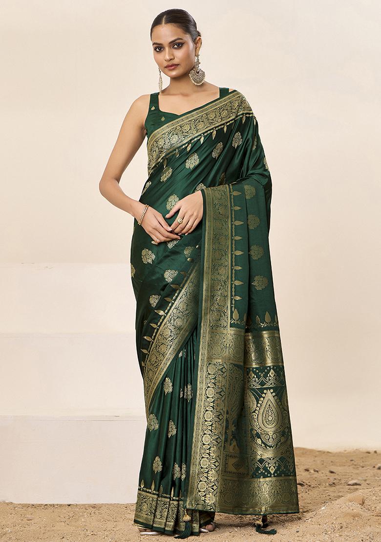 Green Woven Silk Blend Saree Set