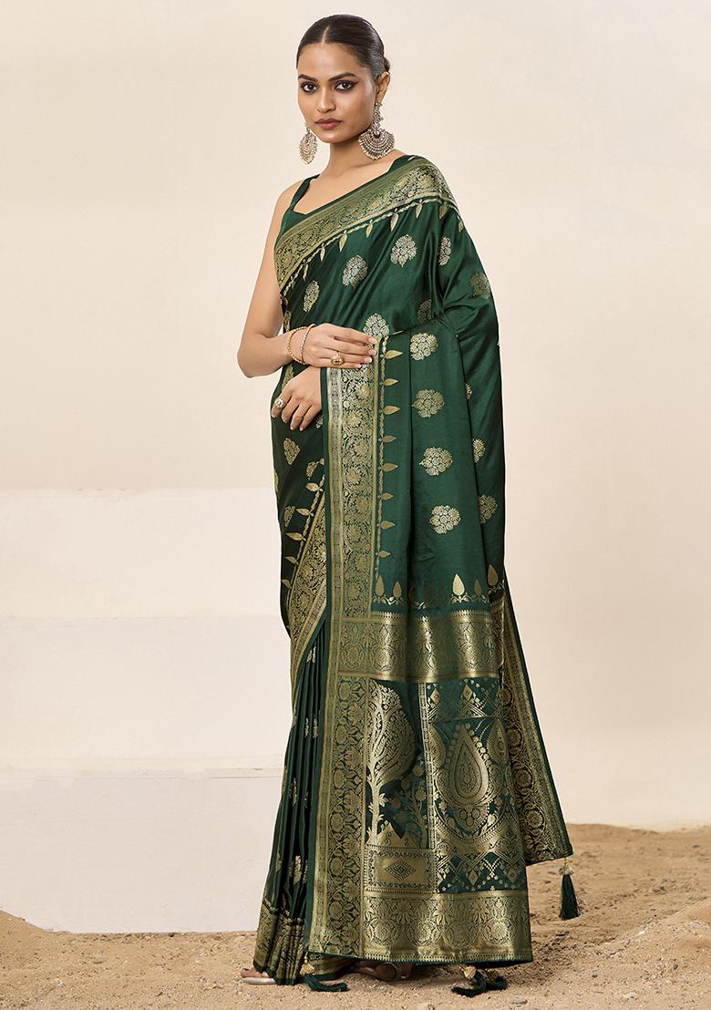 Green Woven Silk Blend Saree Set