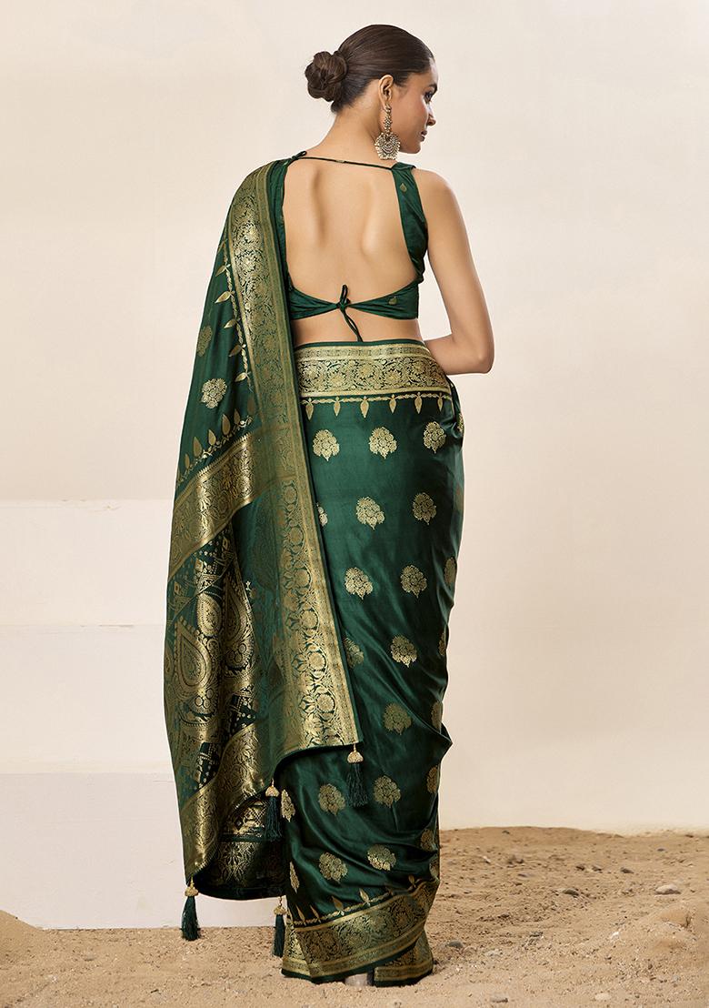 Green Woven Silk Blend Saree Set