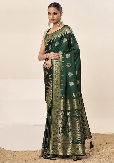 Green Woven Silk Blend Saree Set