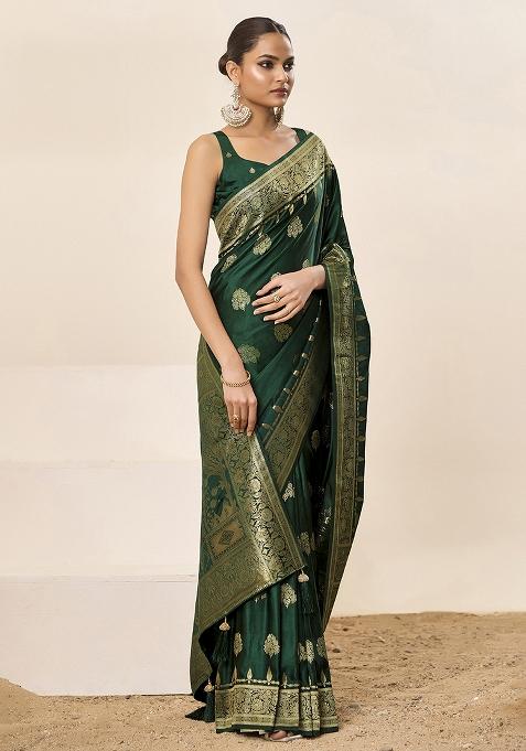Green Woven Silk Blend Saree Set