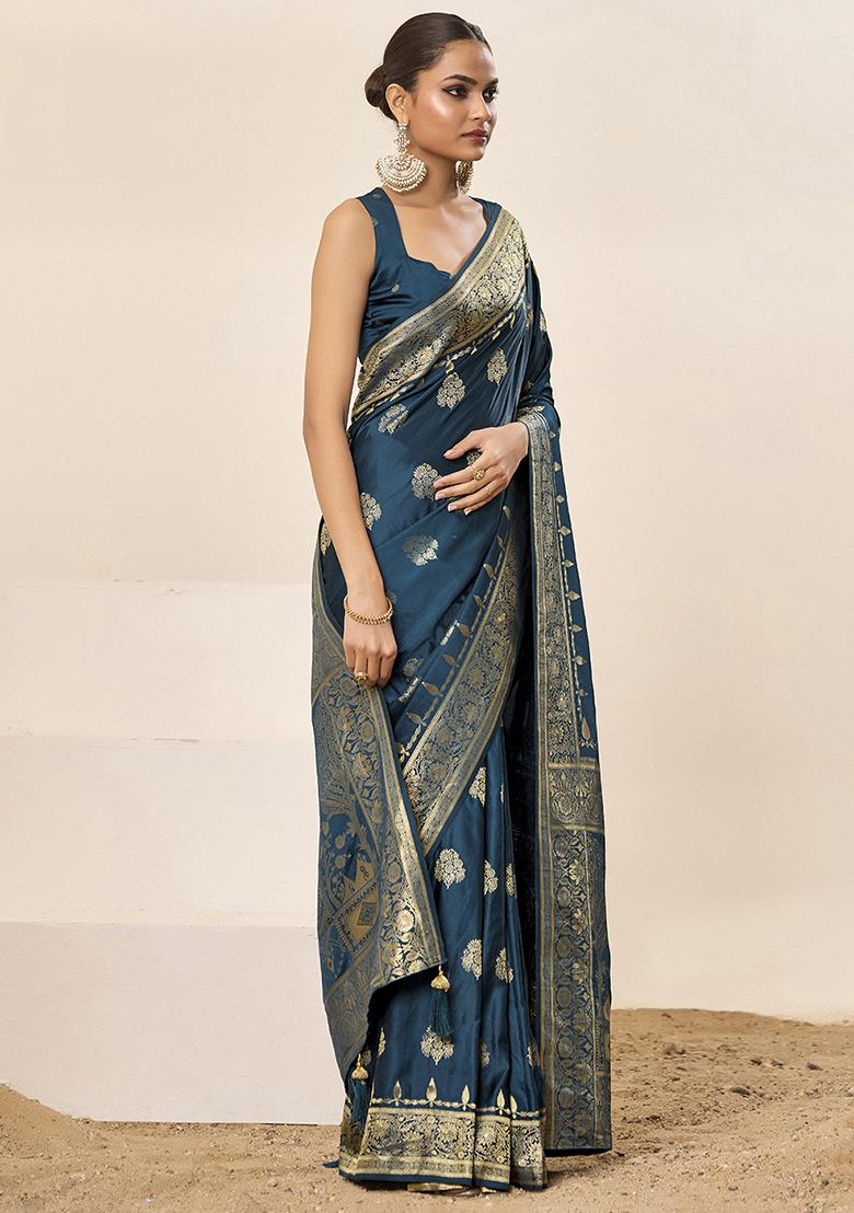 Teal Blue Woven Silk Blend Saree Set