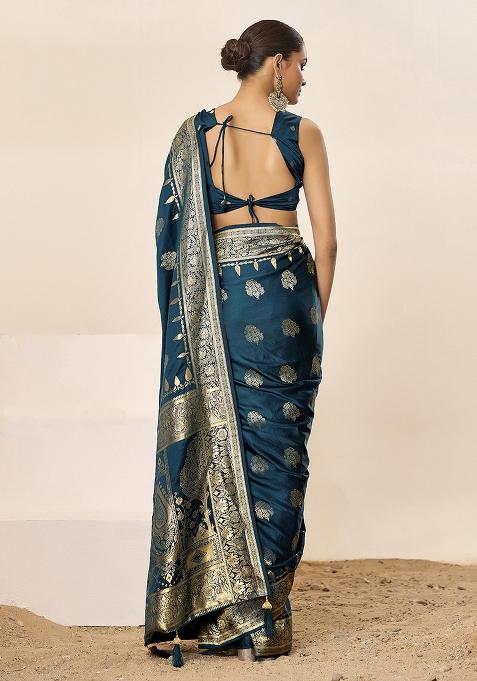 Teal Blue Woven Silk Blend Saree Set