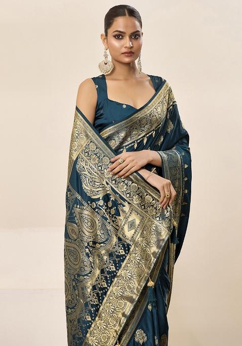 Teal Blue Woven Silk Blend Saree Set
