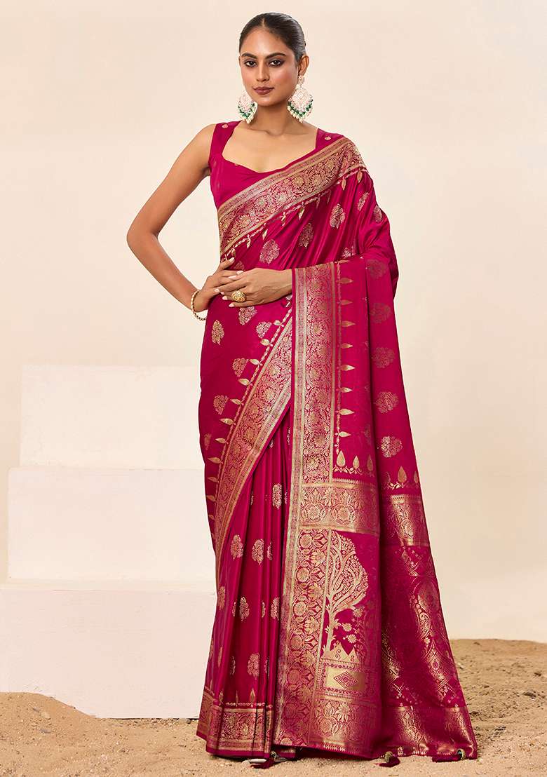Pink Woven Silk Blend Saree Set for Diwali | Wedding & Festive Wear - Indya
