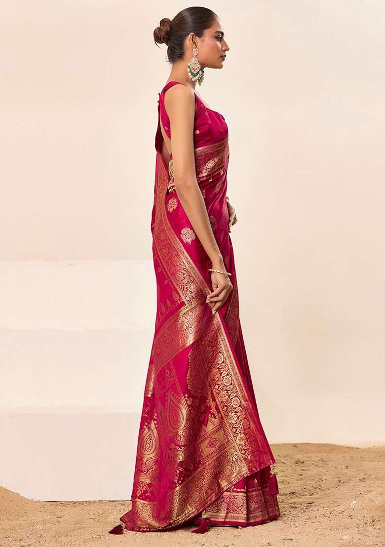 Pink Woven Silk Blend Saree Set for Diwali | Wedding & Festive Wear - Indya