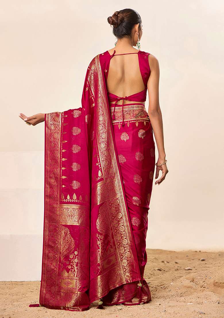 Pink Woven Silk Blend Saree Set for Diwali | Wedding & Festive Wear - Indya
