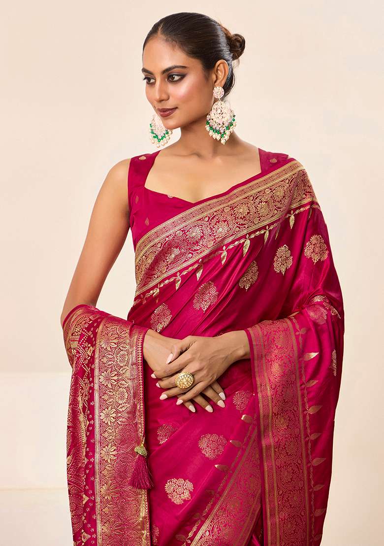 Pink Woven Silk Blend Saree Set for Diwali | Wedding & Festive Wear - Indya