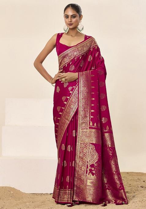 Pink Woven Silk Blend Saree Set
