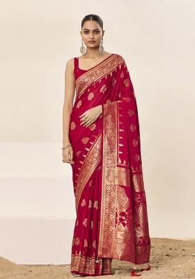 Red Woven Silk Blend Saree Set