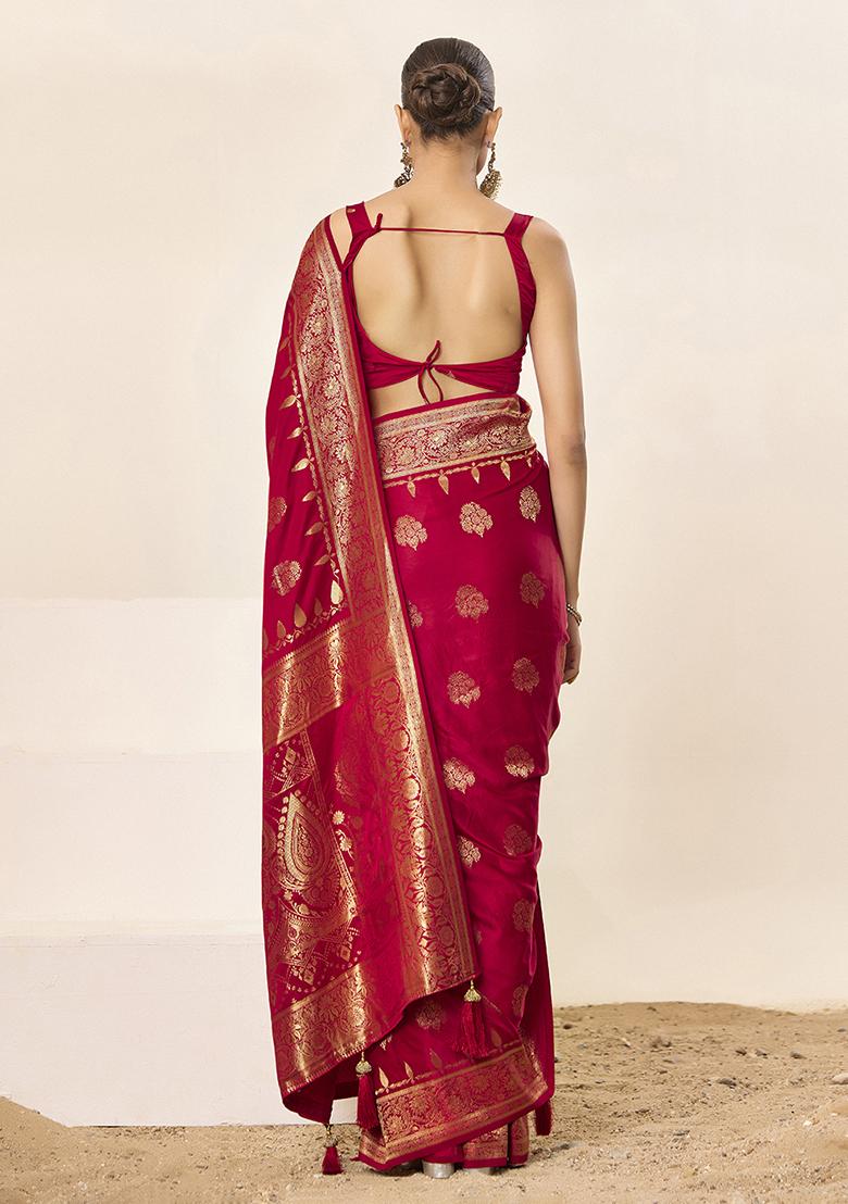 Red Woven Silk Blend Saree Set