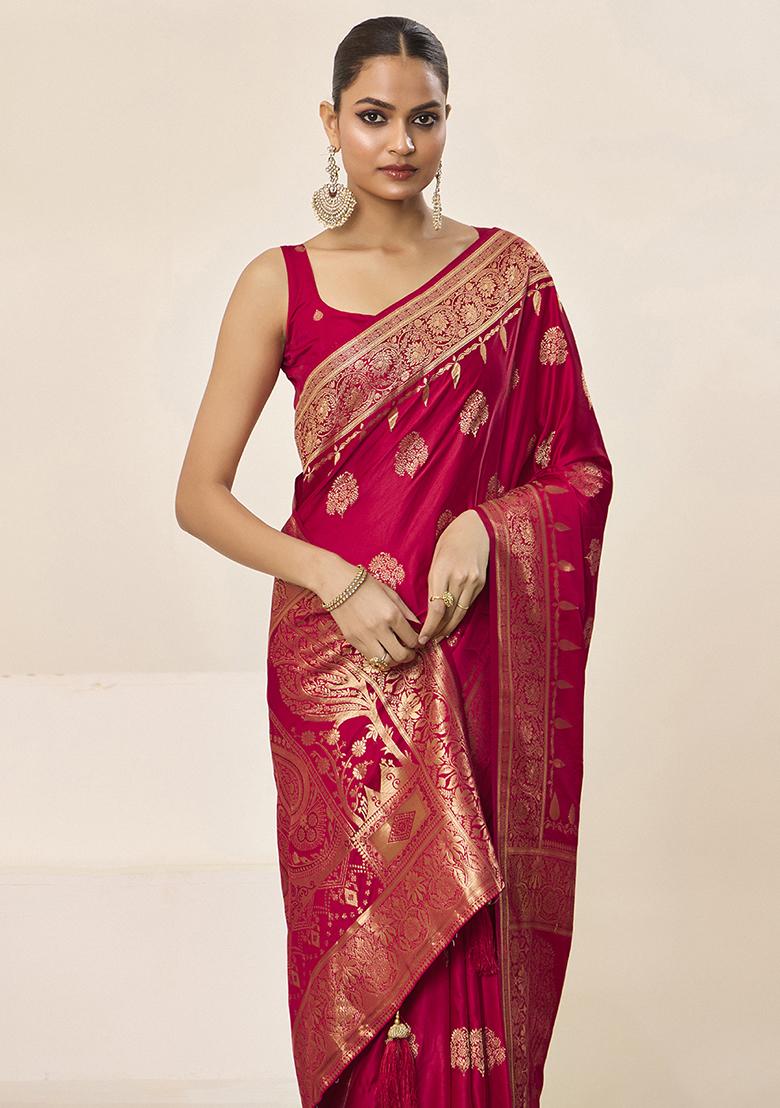 Red Woven Silk Blend Saree Set