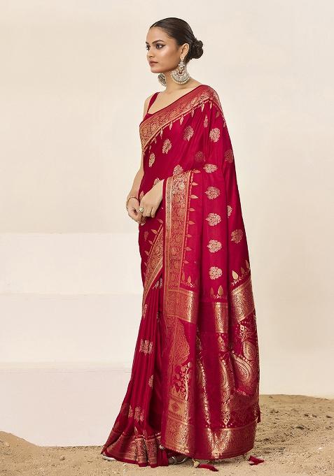 Red Woven Silk Blend Saree Set
