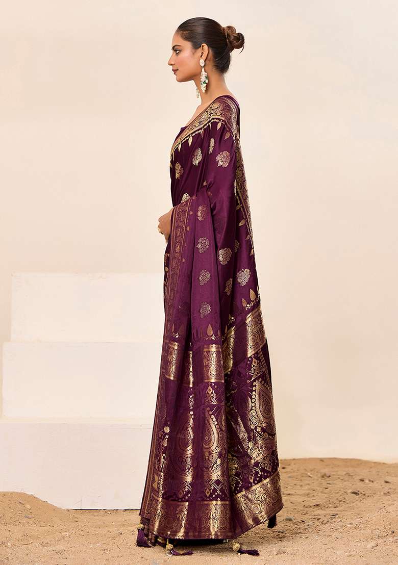 Wine Woven Silk Blend Saree Set for Diwali | Wedding & Festive Wear - Indya