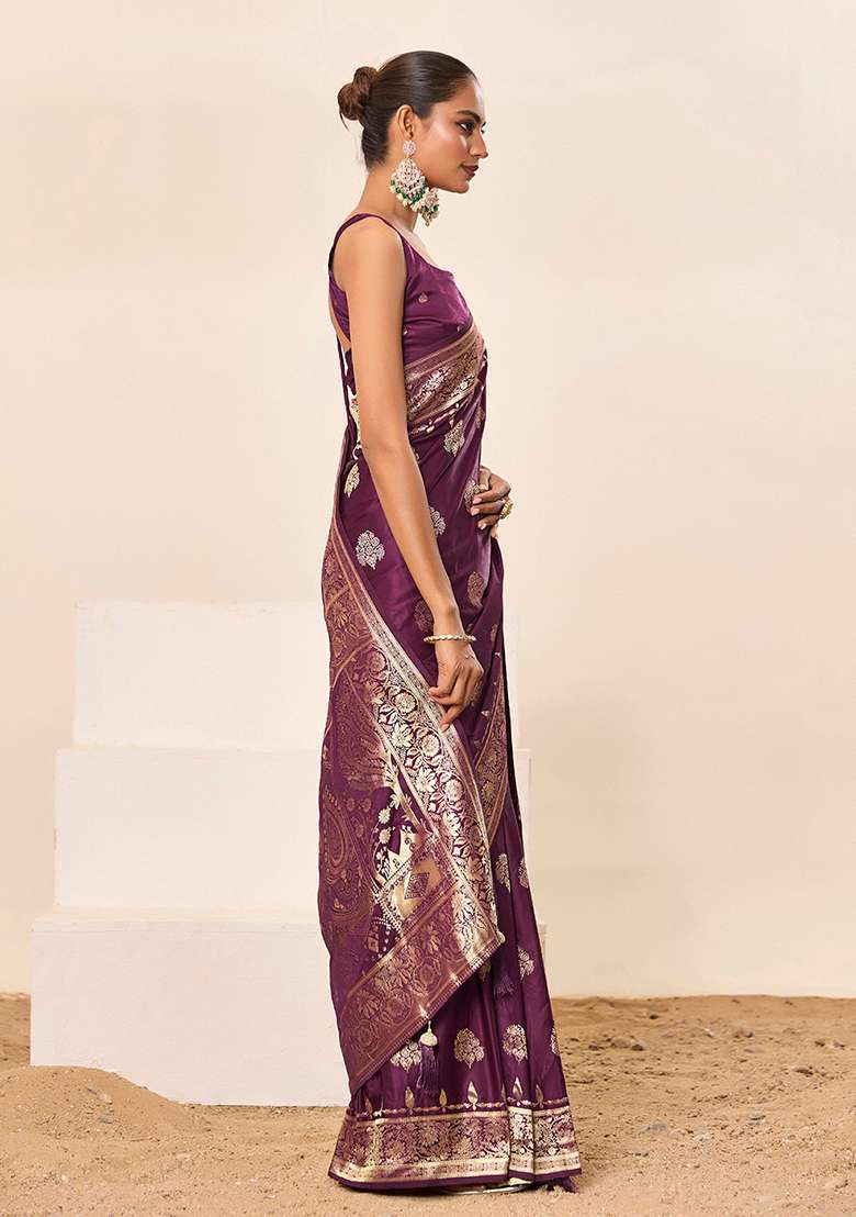 Wine Woven Silk Blend Saree Set for Diwali | Wedding & Festive Wear - Indya