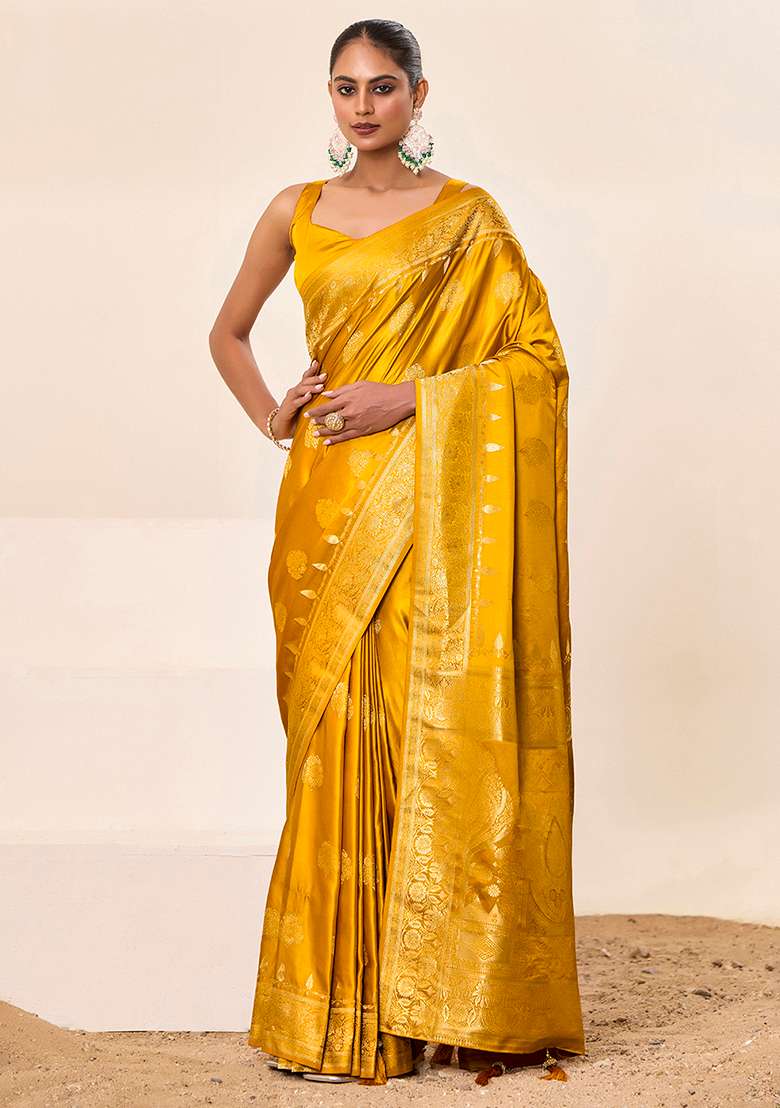 Yellow Woven Silk Blend Saree Set for Diwali and Festive Wear - Indya