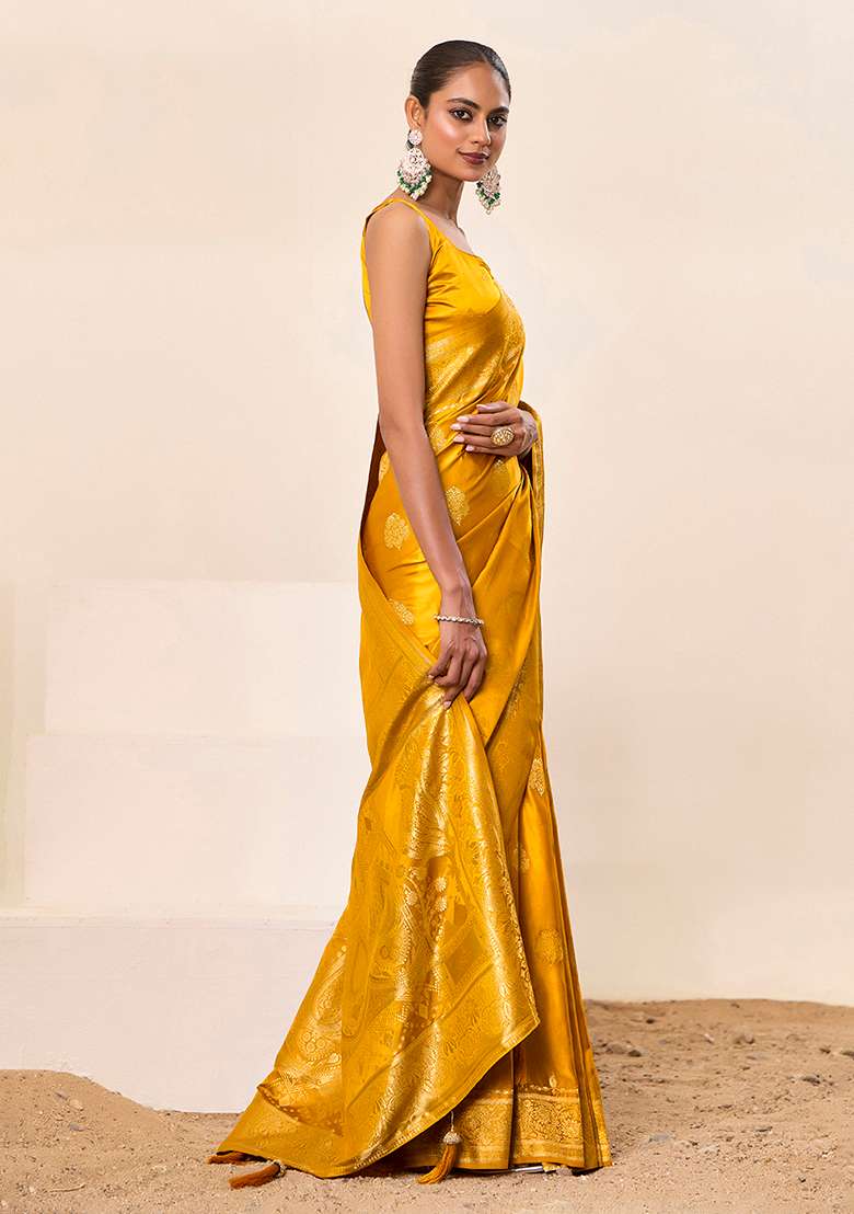 Yellow Woven Silk Blend Saree Set for Diwali and Festive Wear - Indya