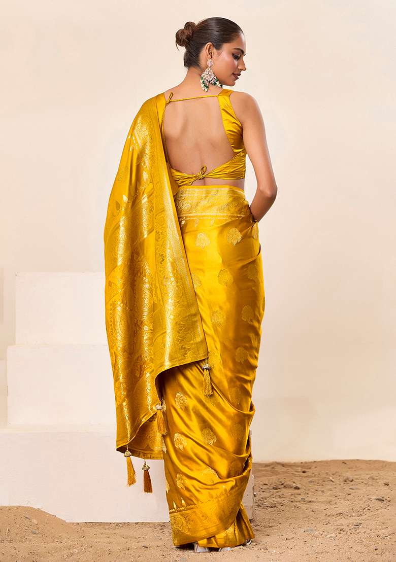 Yellow Woven Silk Blend Saree Set for Diwali and Festive Wear - Indya