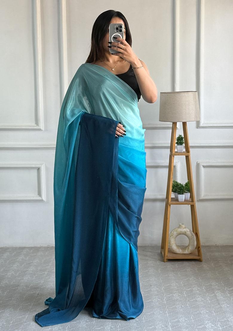Blue Printed Chiffon Saree Set - Indya