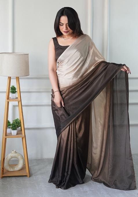 Brown Printed Chiffon Saree Set