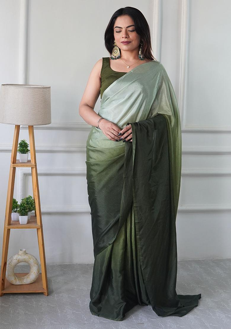 Green Printed Chiffon Saree Set