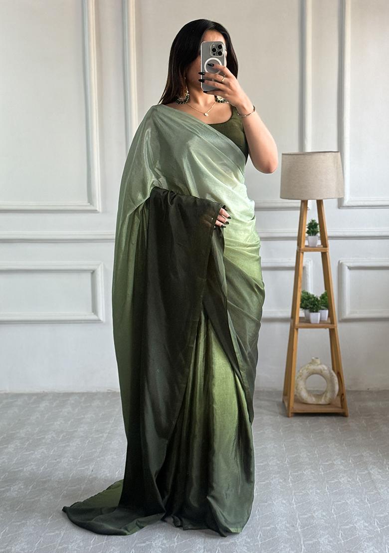 Green Printed Chiffon Saree Set