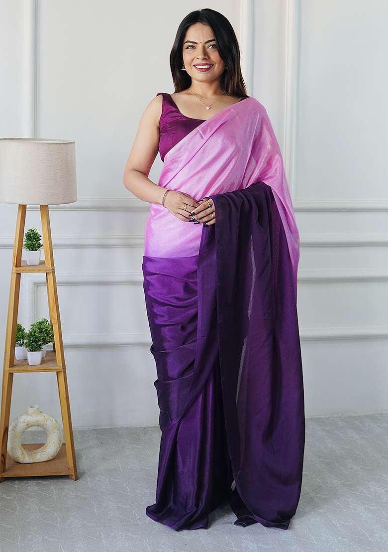Purple Chiffon Saree Set with Printed for Diwali | Wedding & Festive Wear - Indya