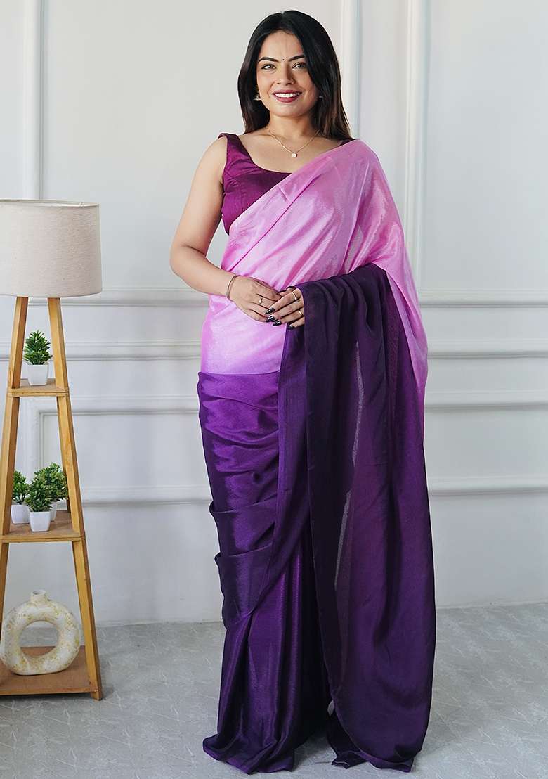 Purple Chiffon Saree Set with Printed for Diwali | Wedding & Festive Wear - Indya