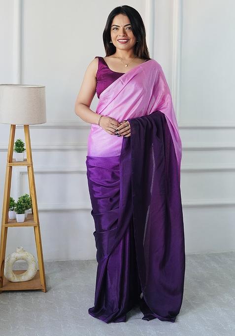 Purple Printed Chiffon Saree Set