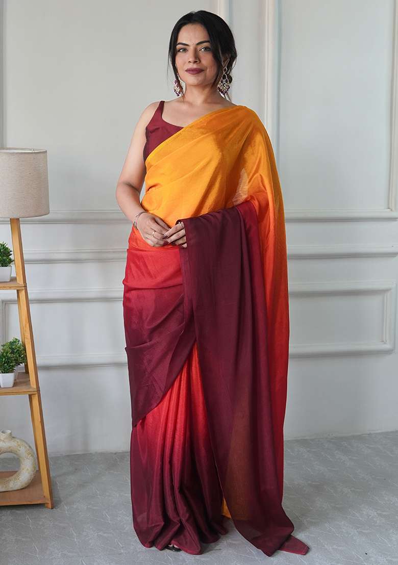 Yellow Printed Chiffon Saree Set for Diwali and Festive Wear - Indya