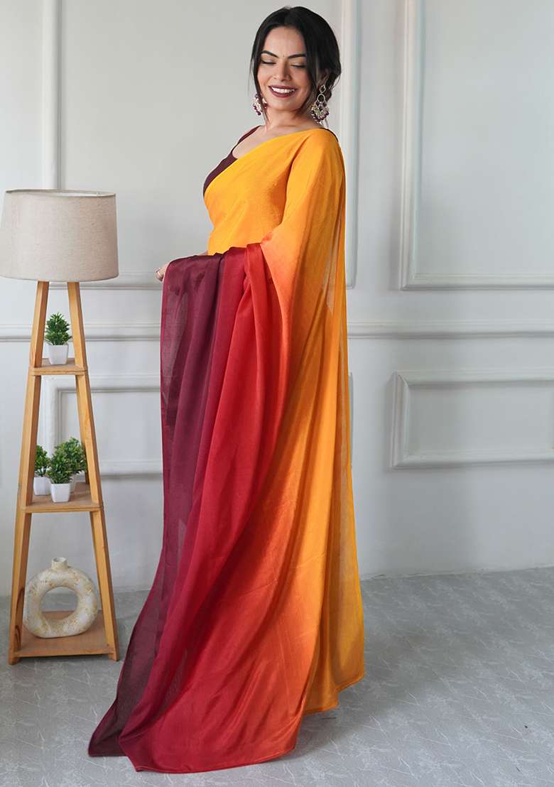 Yellow Printed Chiffon Saree Set for Diwali and Festive Wear - Indya
