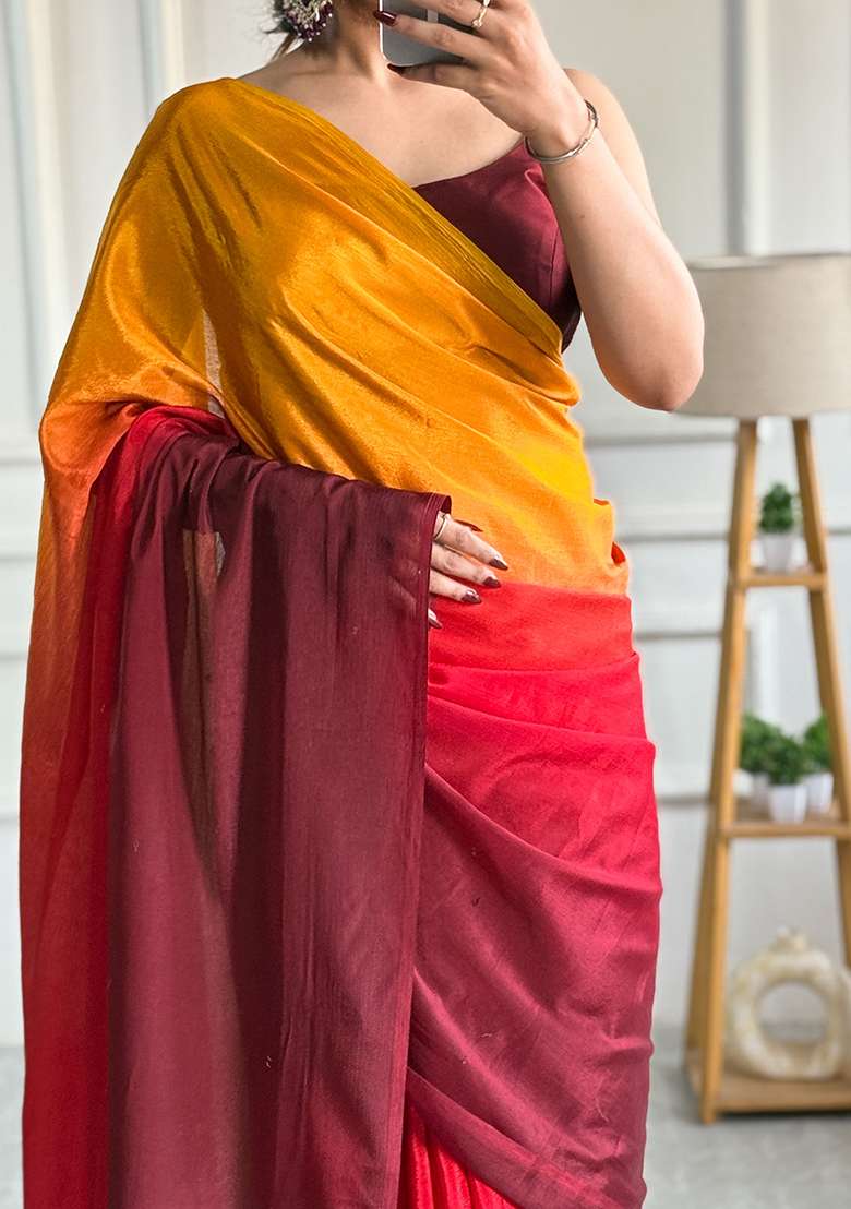 Yellow Printed Chiffon Saree Set for Diwali and Festive Wear - Indya