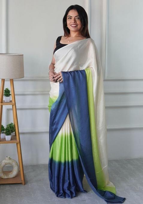 Cream Printed Chiffon Saree Set