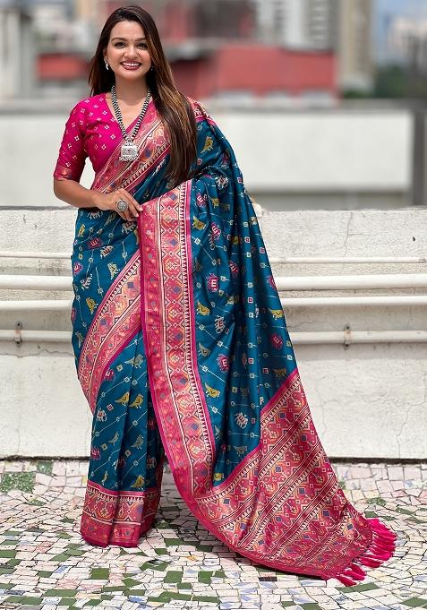 Blue Woven Silk Blend Saree Set