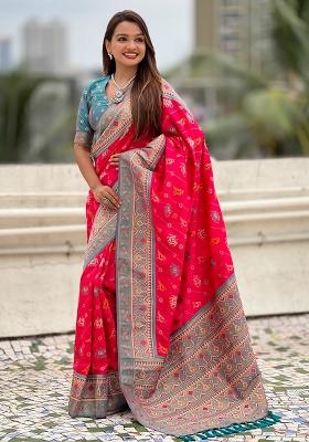 Pink Woven Silk Blend Saree Set